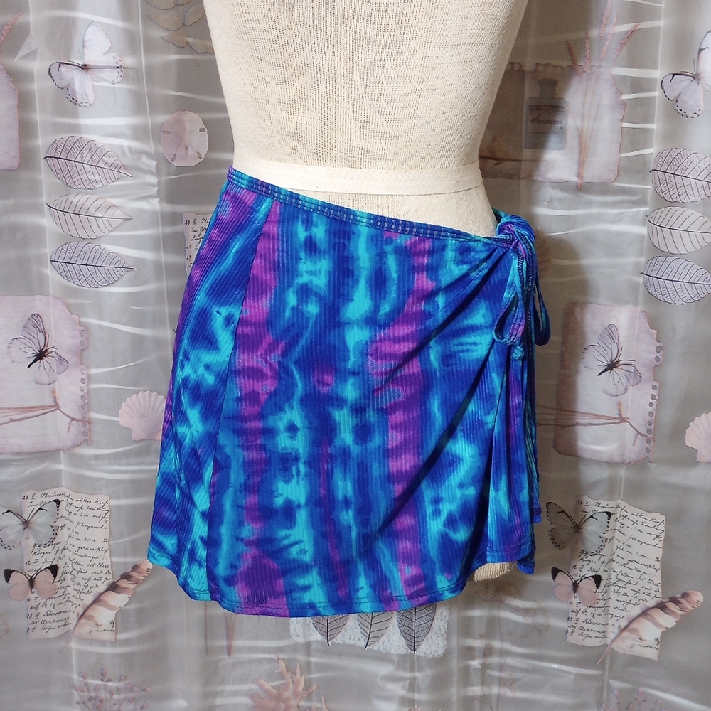 Catalina Womens Nylon Cover Up Skirt Ribbed Blue Purple Tie Waist Size Large